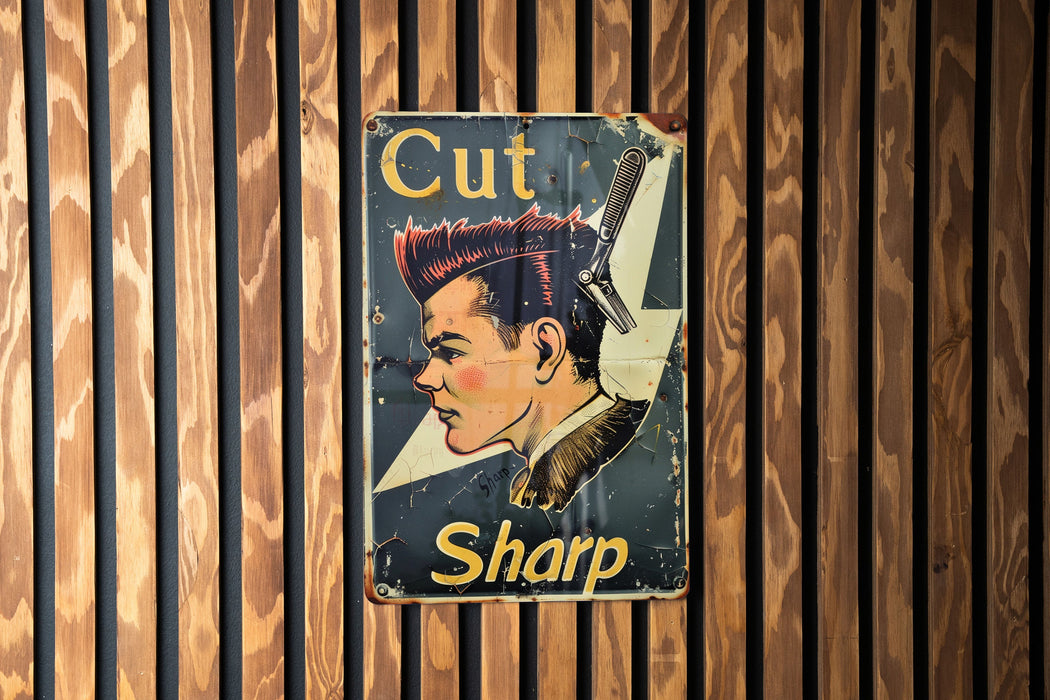 a sign on a wooden wall that says cut sharp