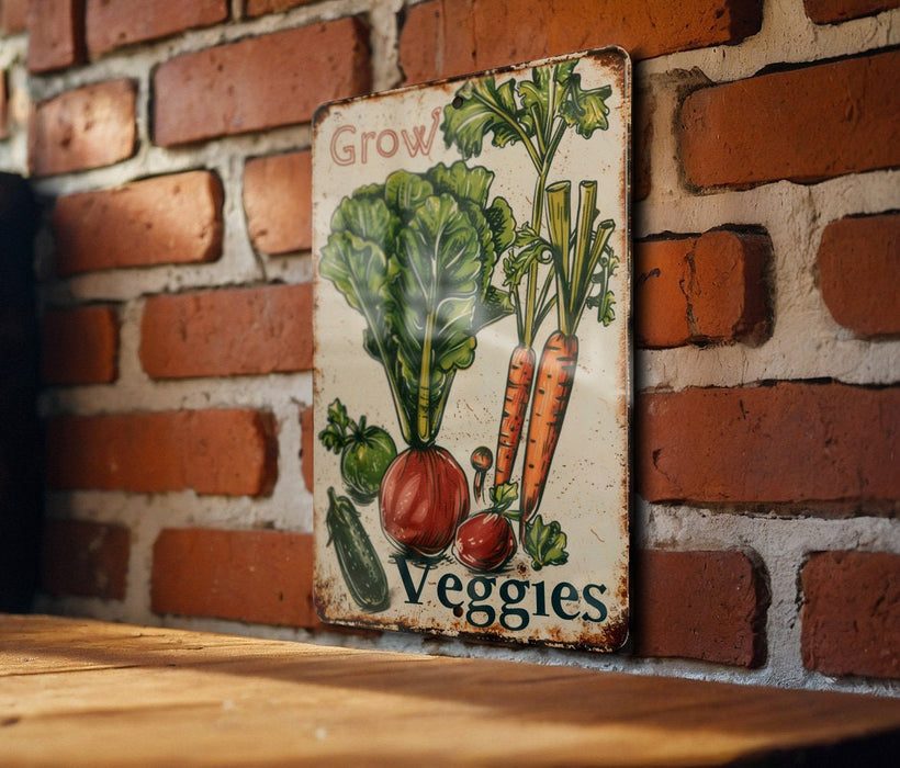 a sign on a brick wall that says grow veggies