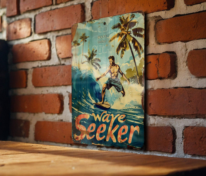 a picture of a man riding a surfboard on a brick wall