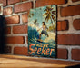 a picture of a man riding a surfboard on a brick wall