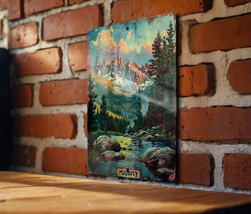 a painting on a brick wall next to a wooden table