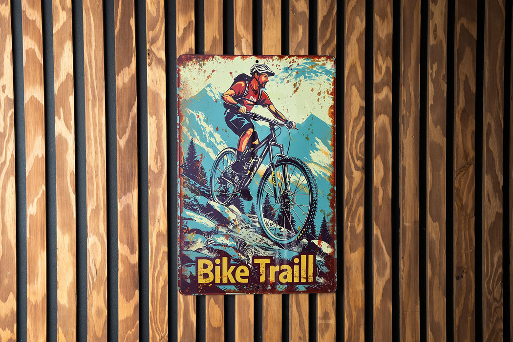 a poster of a man riding a bike on a wooden wall