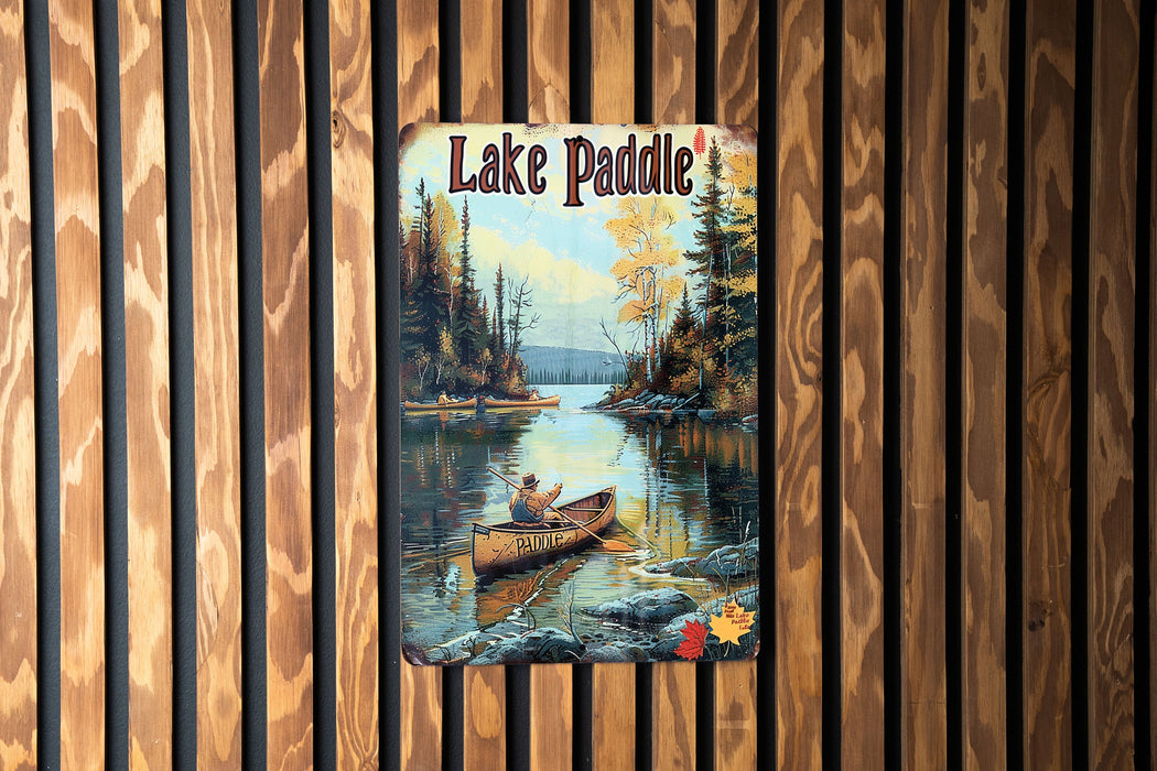 a painting of a man in a canoe on a lake
