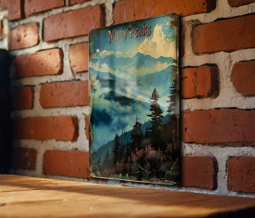 a picture of a mountain scene on a brick wall