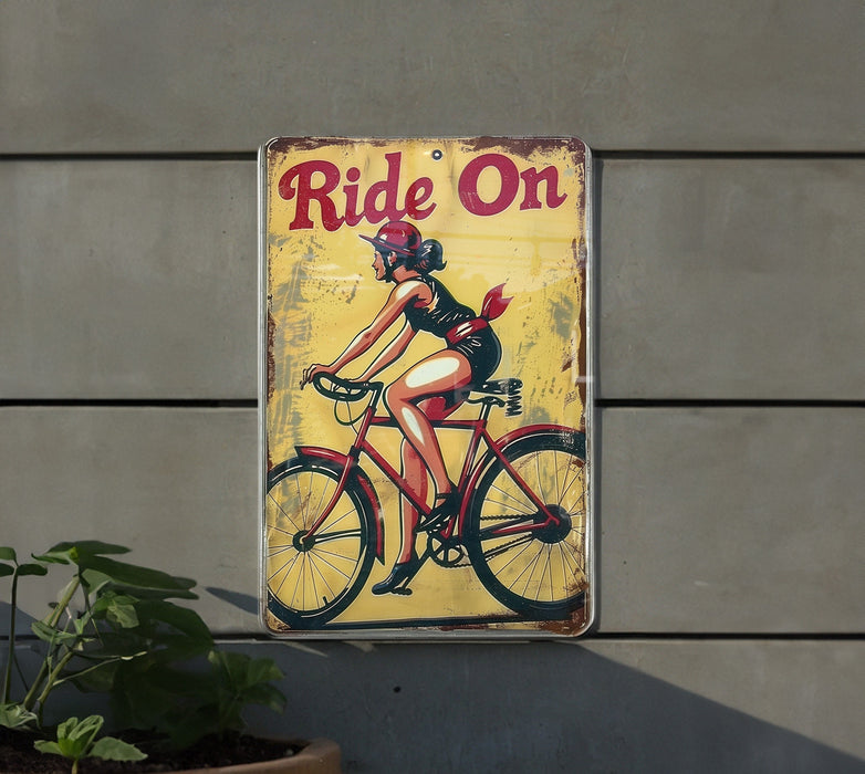 a sign on the side of a building that says ride on