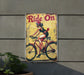 a sign on the side of a building that says ride on