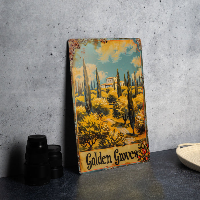 a painting of a desert scene with a house in the background