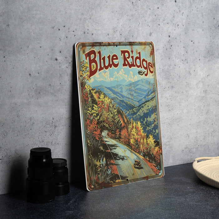 a blue ridge sign sitting on top of a table