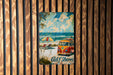 a painting of a van on a wooden wall