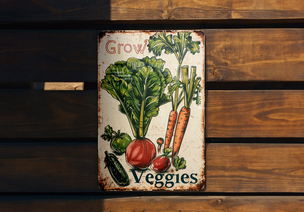 a sign that says grow veggies on it