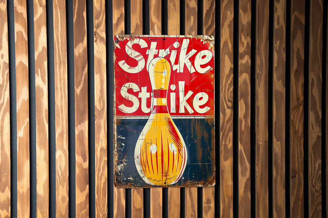 a sign on a wooden wall that says strike strike