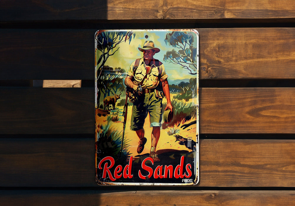a red sands cigarette tin sitting on top of a wooden bench