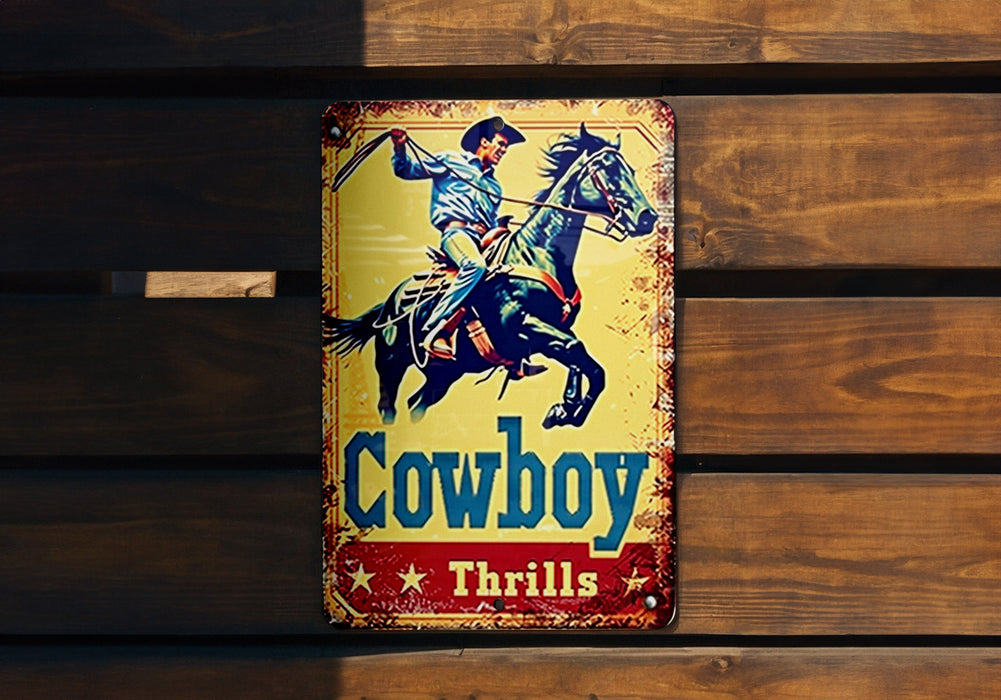a cowboy tin sign mounted to a wooden wall