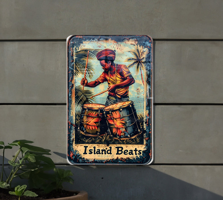 a sign on the side of a building that says island beats