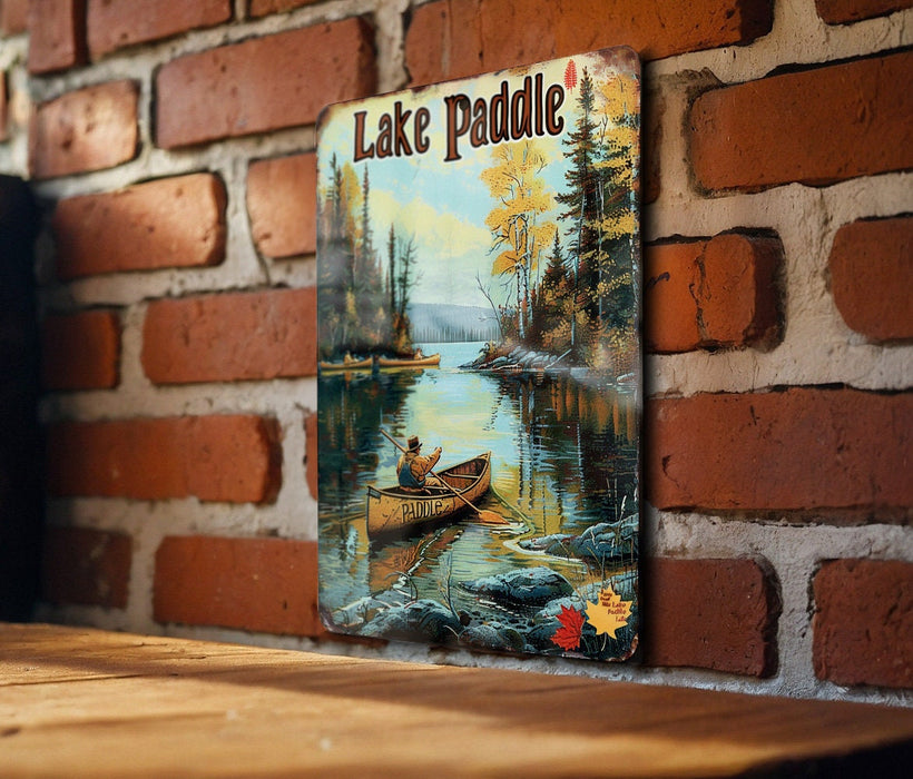 a painting of a man in a canoe on a brick wall