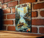 a painting of a man in a canoe on a brick wall