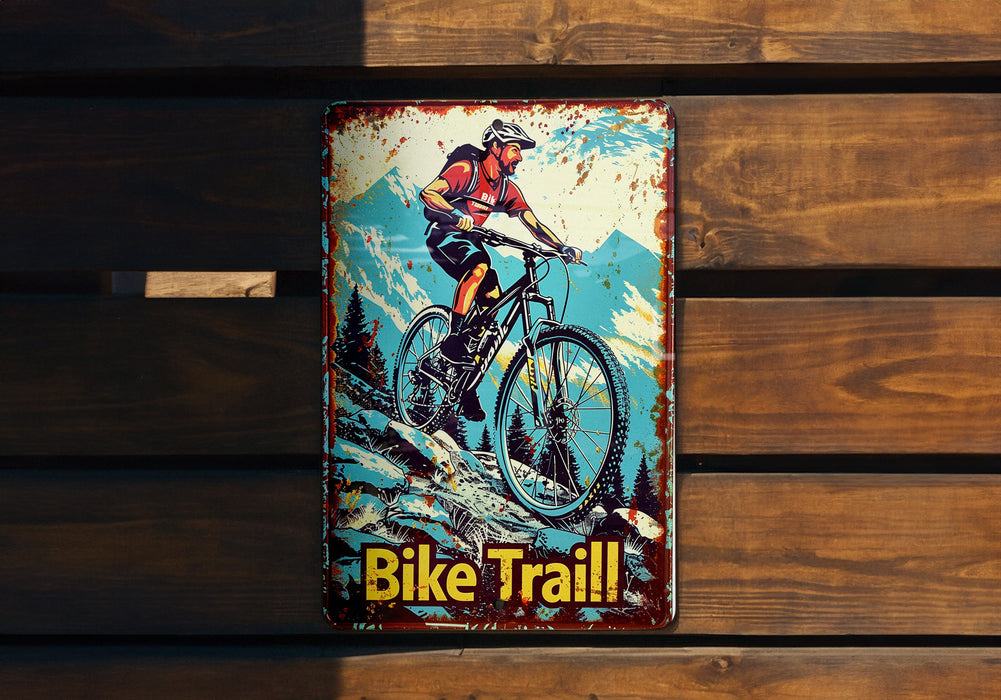 a bicycle trail sign mounted to a wooden wall