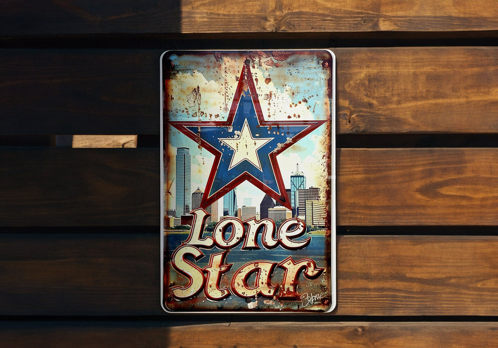 a lone star sign on a wooden wall