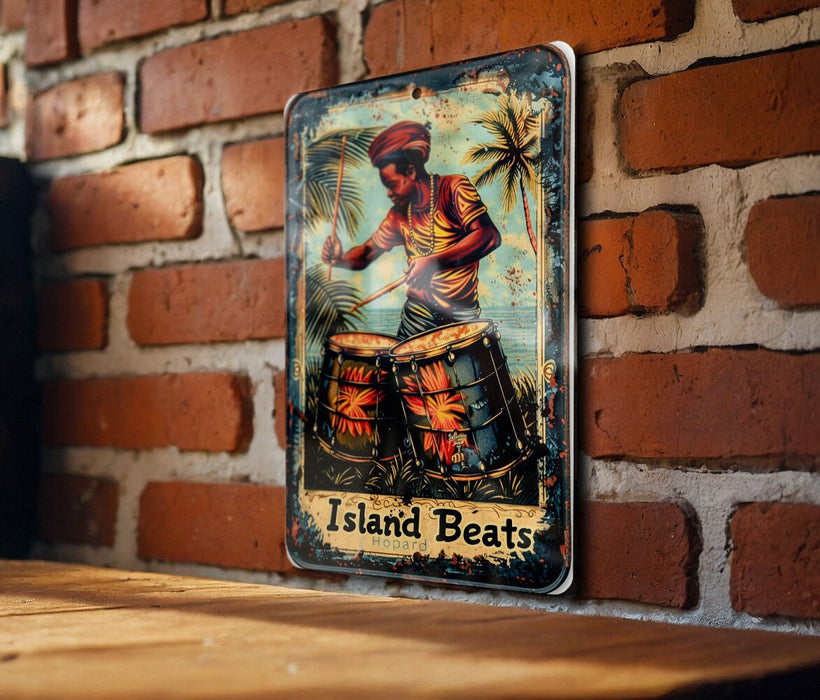 a sign on a brick wall that says island beats