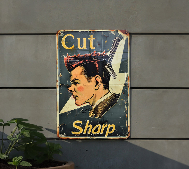 a sign that says cut sharp on the side of a building