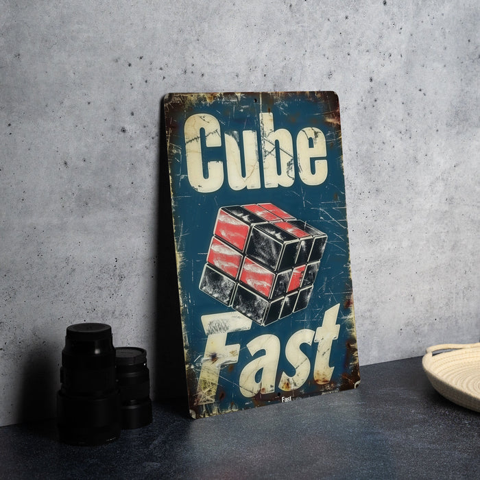 a sign that says cube fast on a table