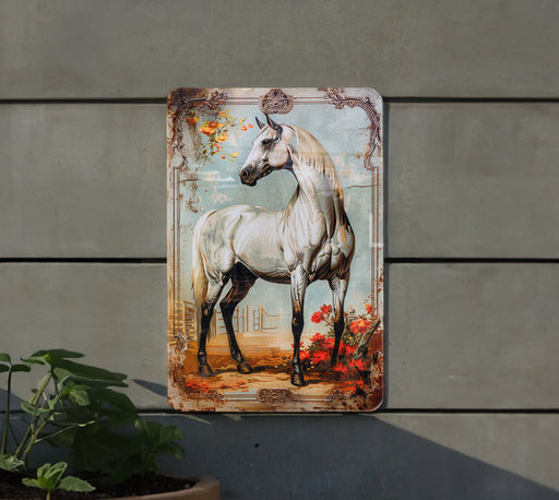 a picture of a white horse on a wall