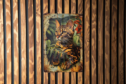 a picture of a cat on a wooden wall