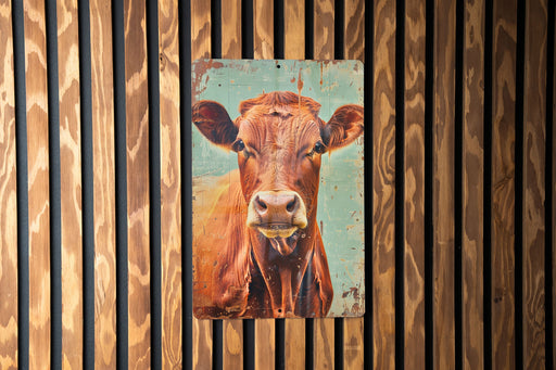 a painting of a cow on a wooden wall