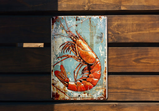a rusted metal sign with a lobster painted on it