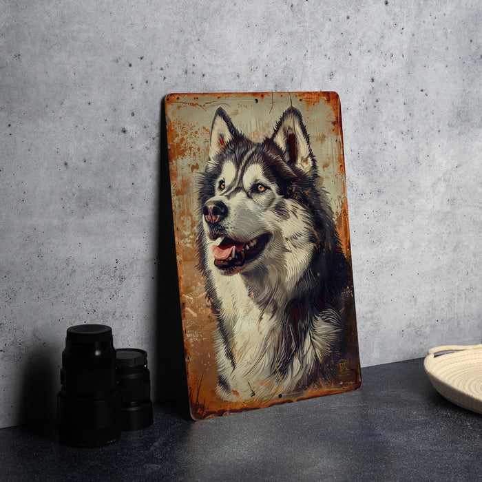 a painting of a husky dog on a rusted metal sign