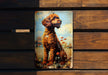 a picture of a dog on a wooden bench