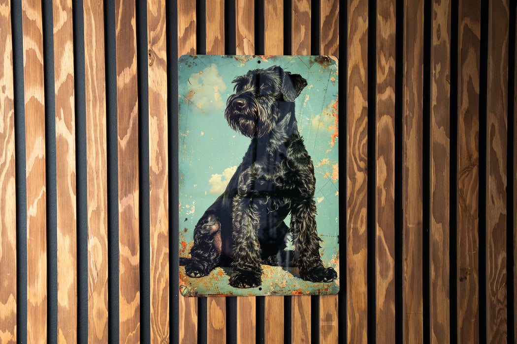 a black dog sitting on top of a wooden wall