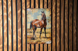 a picture of a horse on a wooden wall