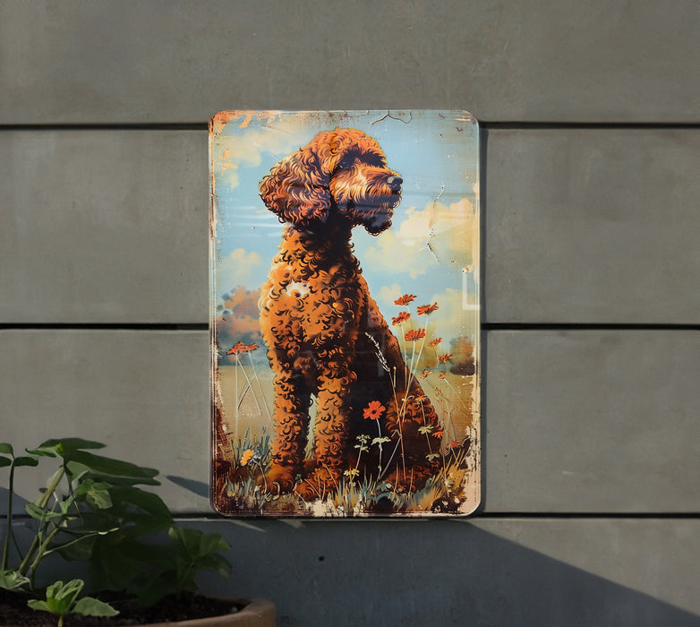 a painting of a dog on a wall next to a potted plant