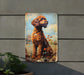 a painting of a dog on a wall next to a potted plant