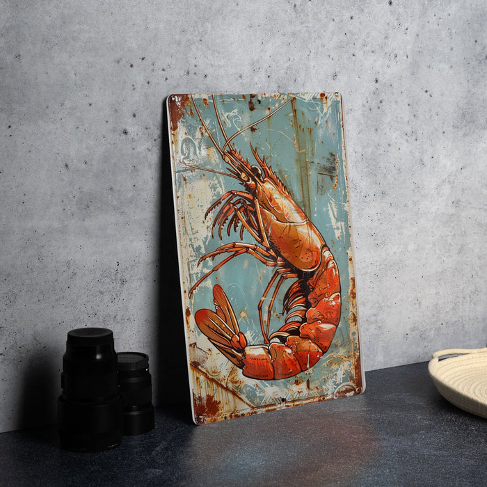a picture of a lobster on a rusty metal sign