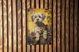a painting of a dog on a wooden wall
