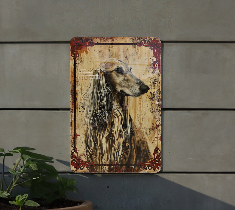 a painting of a long haired dog on a wall