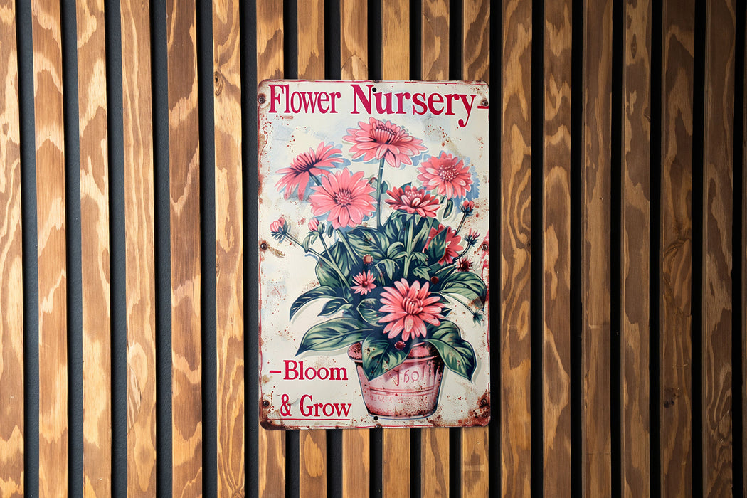 a flower nursery sign hanging on a wooden wall