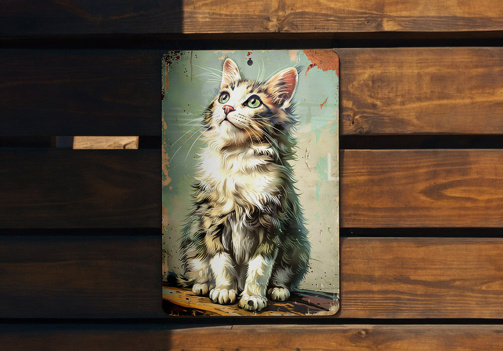 a painting of a cat sitting on a wooden bench
