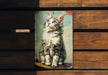 a painting of a cat sitting on a wooden bench