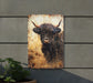 a picture of a bull is hanging on a wall