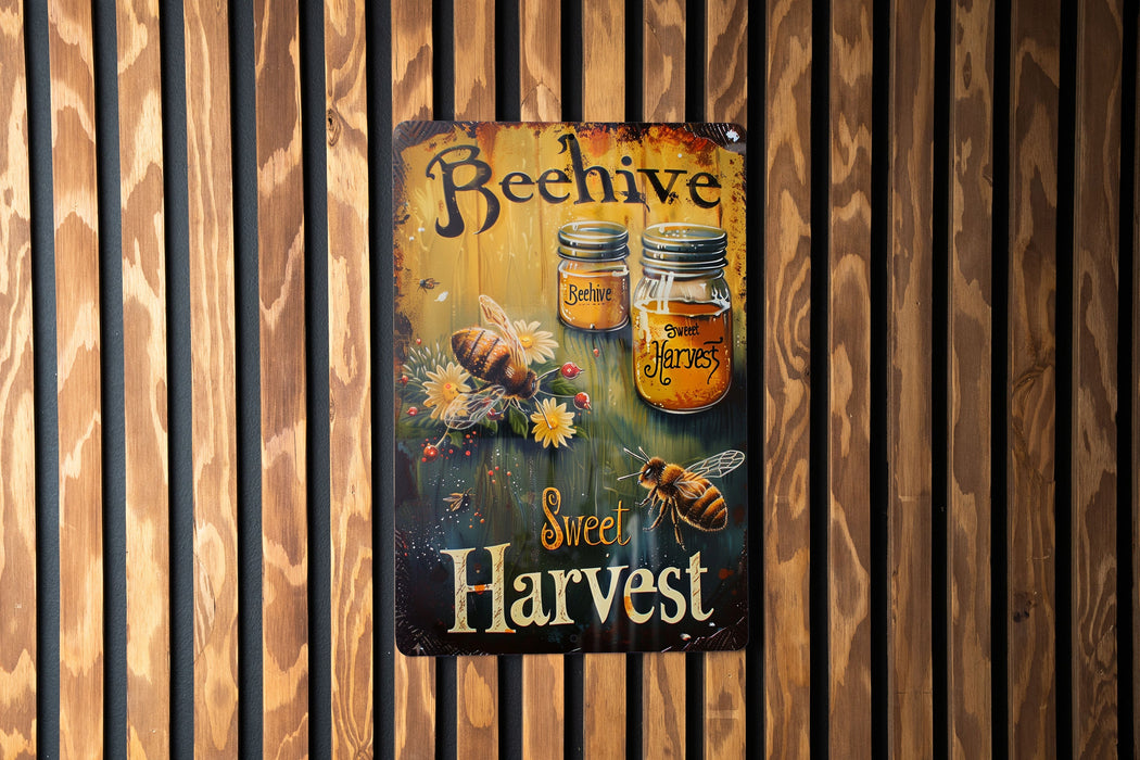 a beehive sign hanging on a wooden wall