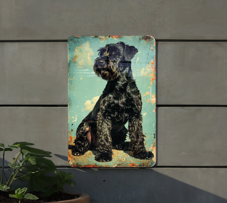 a black dog sitting on top of a metal sign