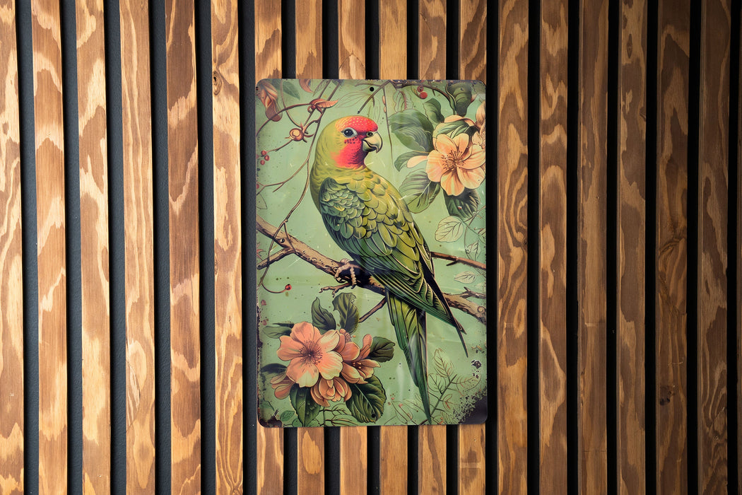 a painting of a green bird perched on a tree branch
