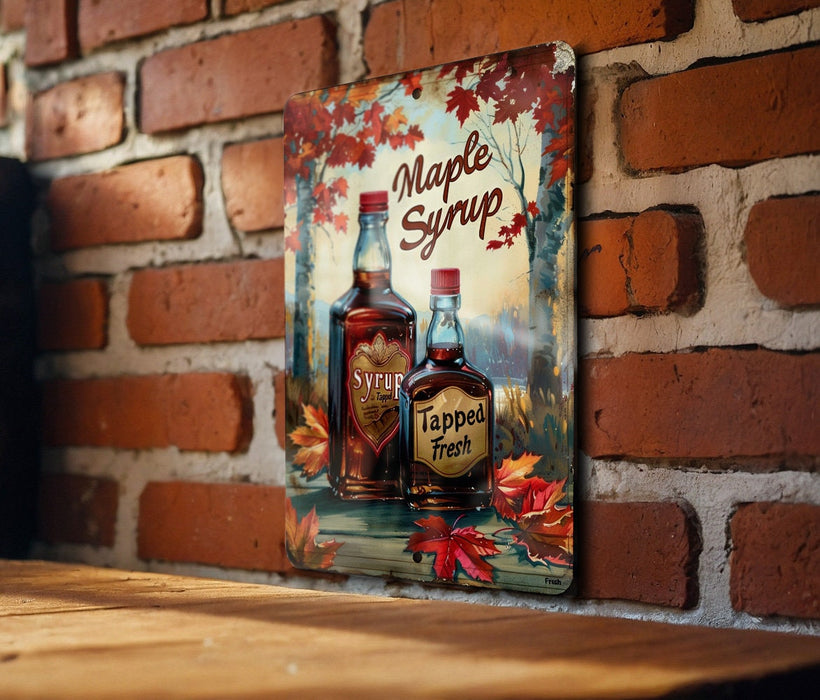 a picture of a bottle of maple syrup on a brick wall