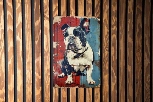 a painting of a dog on a wooden wall