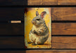 a metal sign with a picture of a rabbit on it