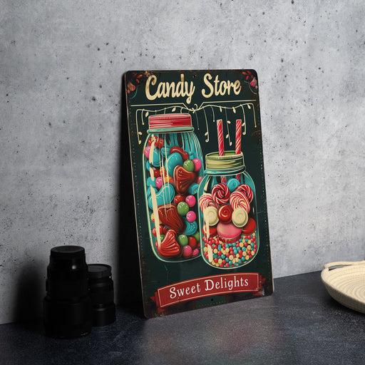 a candy store sign sitting on top of a table