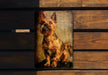 a painting of a dog on a wooden wall
